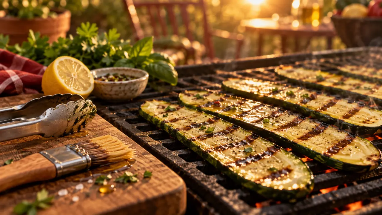 Courgette barbecue en tranches de 5 mm, grillée feu moyen
