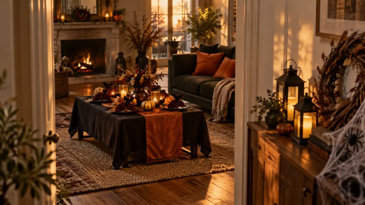 Déco halloween maison : table noire et salon avec lanternes LED