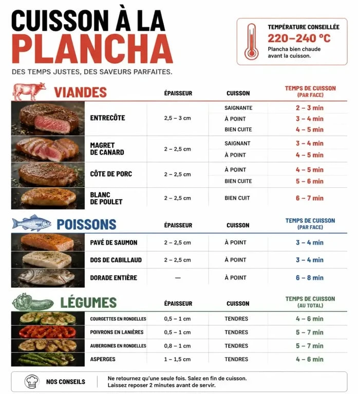 Tableau des temps de cuisson pour une recette plancha réussie