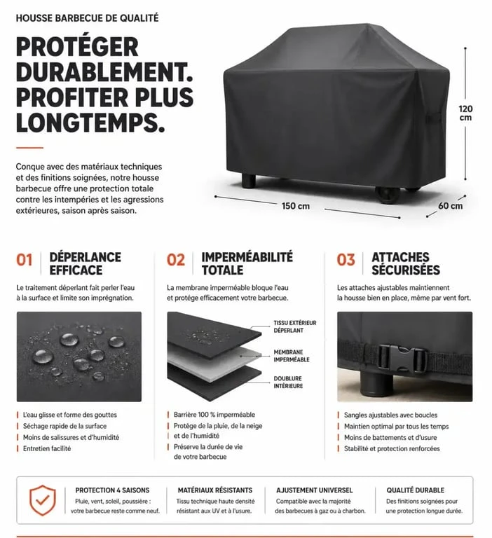 Infographie des caractéristiques techniques d'une housse barbecue pour une protection optimale