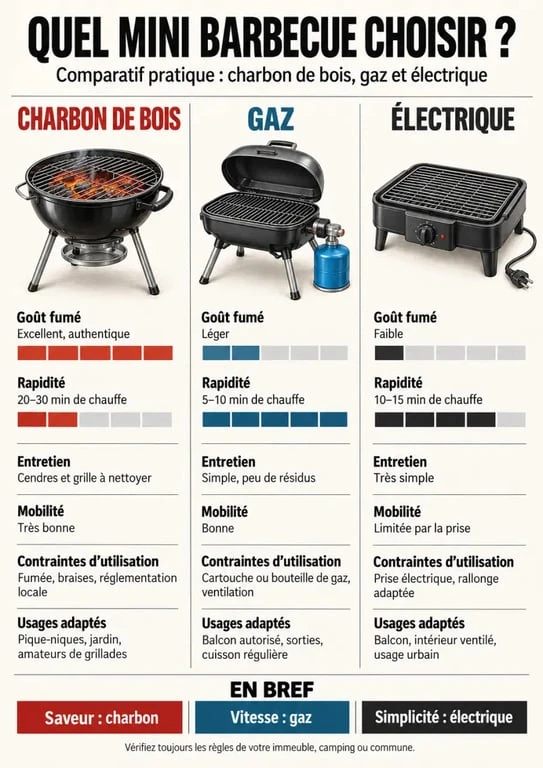 Mini barbecue charbon gaz électrique : comparaison des usages et contraintes