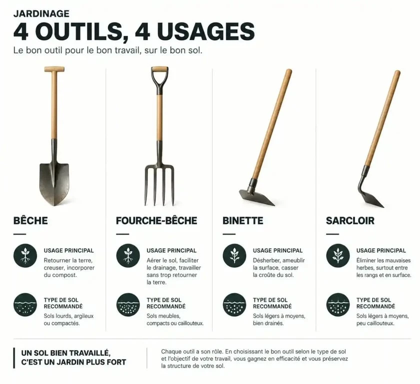 Infographie comparative des outils de jardinage essentiels pour choisir le bon matériel selon le sol