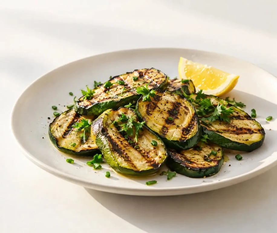 Courgette barbecue grillée servie avec citron et herbes fraîches