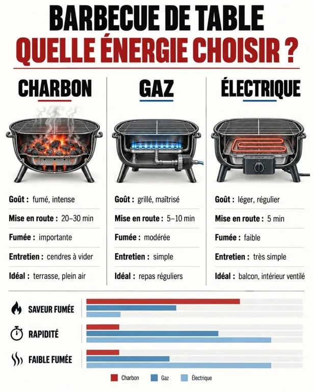 Infographie des énergies pour choisir un barbecue de table au charbon, au gaz ou électrique
