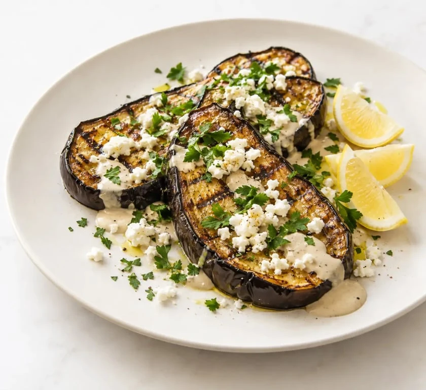 Aubergine op barbecue grillée avec feta, tahini et herbes
