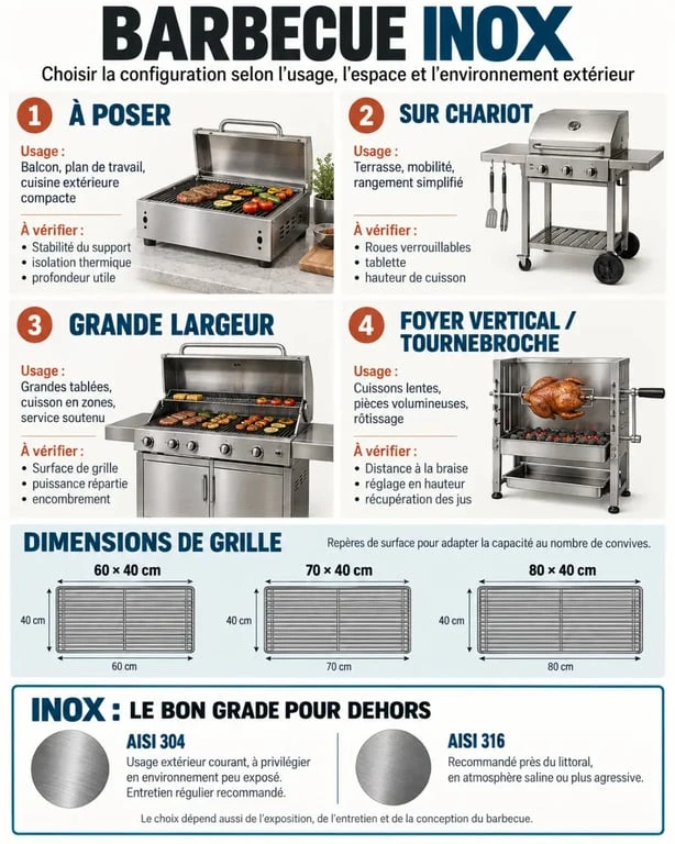 Infographie comparative des formats et matériaux d’un barbecue inox