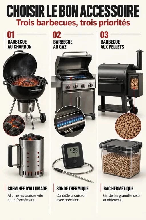 Accessoire barbecue prioritaire selon le type de combustible : charbon, gaz ou pellets