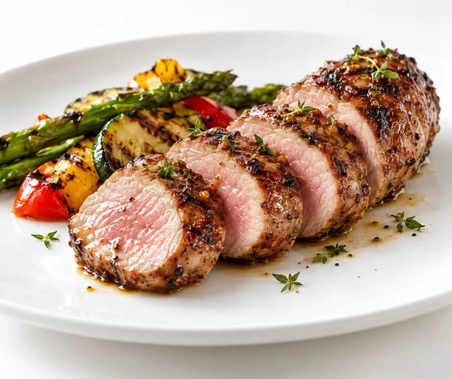 Filets mignons au barbecue tranchés avec légumes grillés