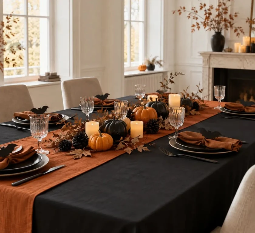 Déco Halloween maison pour une table avec mini-citrouilles, bougies LED et marque-places