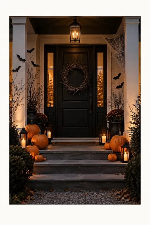 Déco Halloween maison pour l'entrée avec citrouilles, chauves-souris et lanternes LED