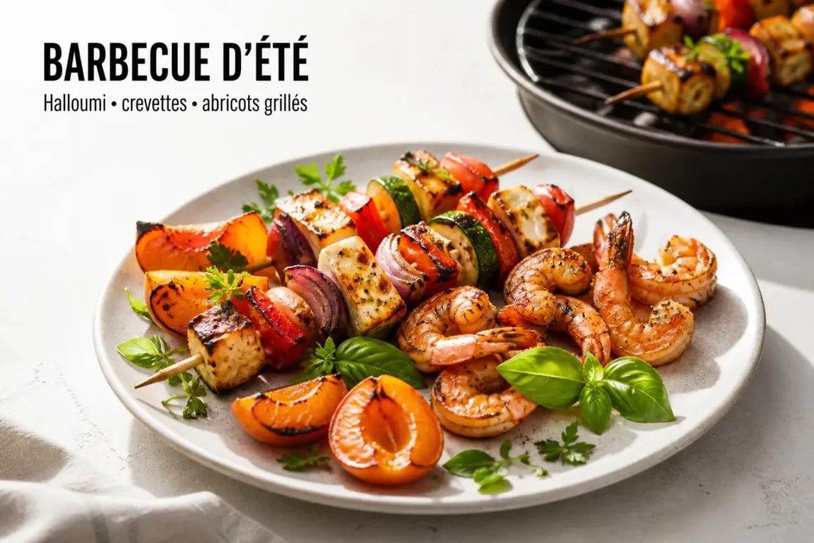 Que faire au barbecue pour changer : brochettes de halloumi, légumes et abricots grillés