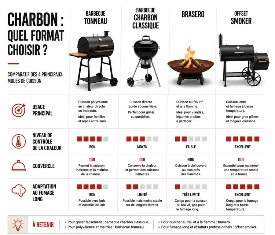 Infographie comparative des usages du barbecue tonneau, du brasero, du barbecue charbon et de l’offset smoker