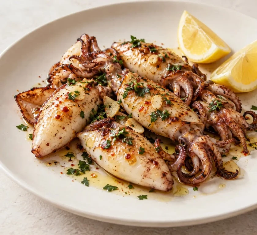 Chipirons à la plancha à l’ail, au persil et au piment d’Espelette servis avec du citron