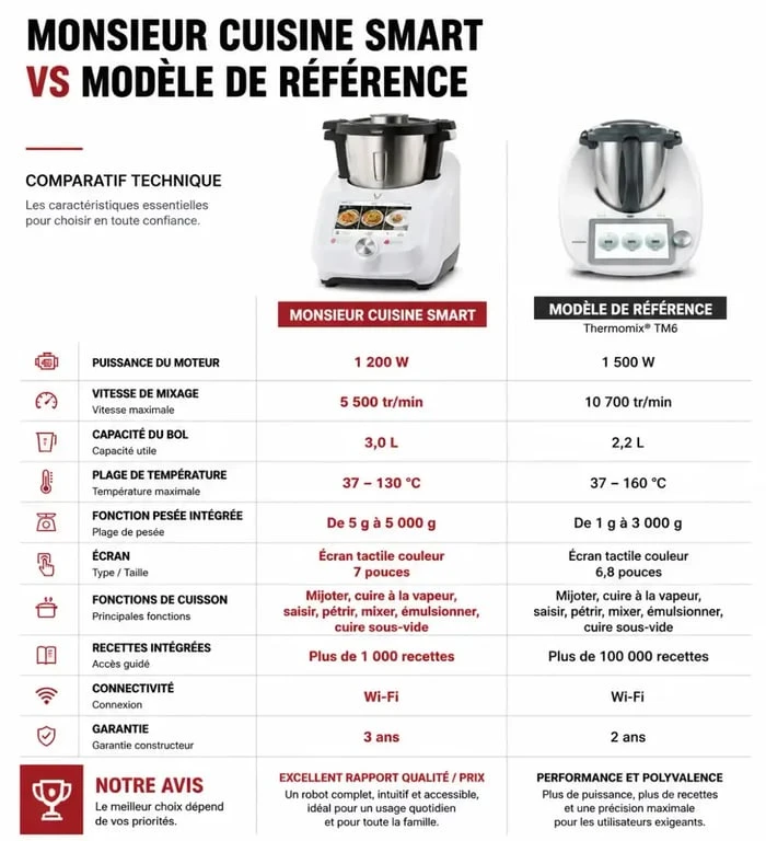 Comparatif technique des caractéristiques du robot Monsieur Cuisine Smart