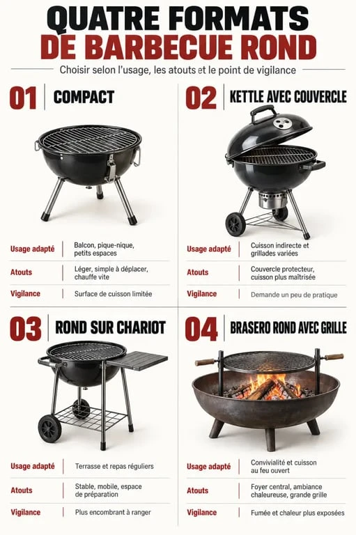 Infographie comparative des formats de barbecue rond compact, kettle, sur chariot et brasero