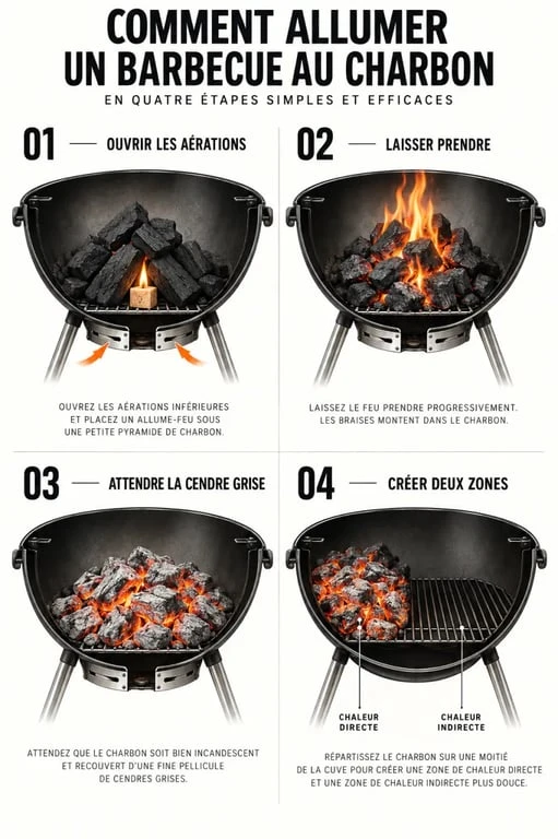 Illustration des étapes pour allumer un barbecue au charbon et reconnaître les braises prêtes