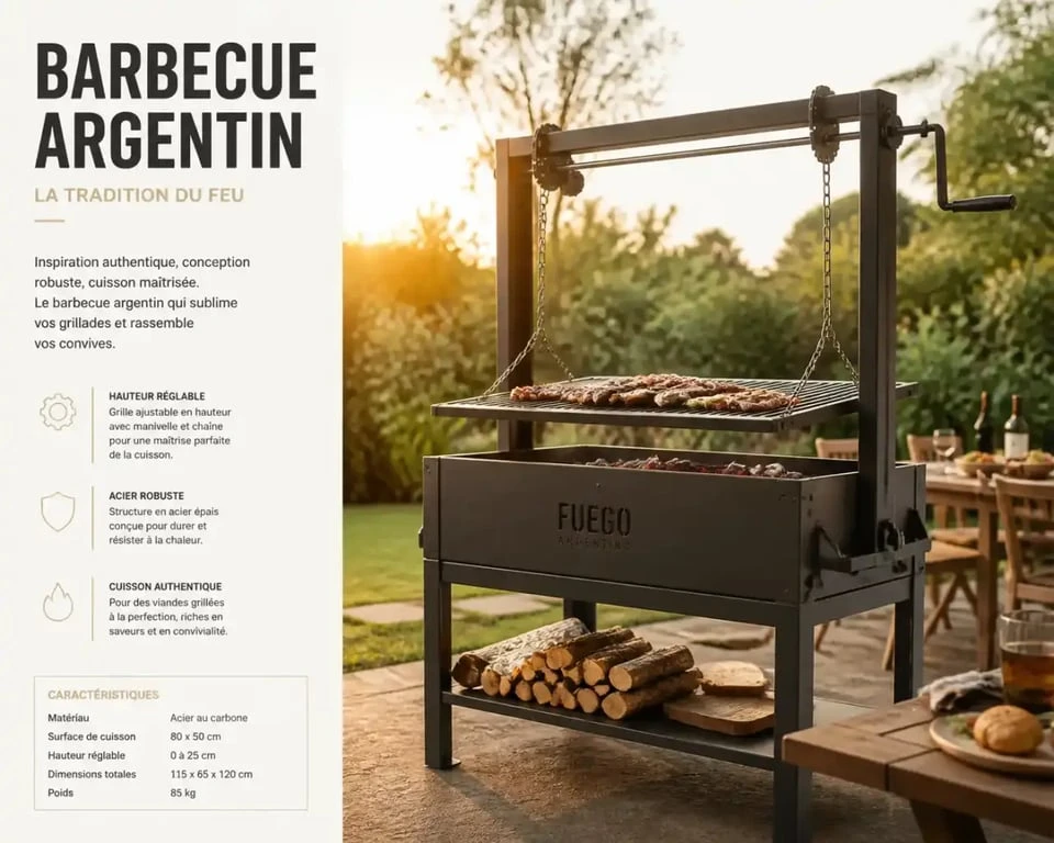 Barbecue argentin avec mécanisme à manivelle pour régler la hauteur de la grille
