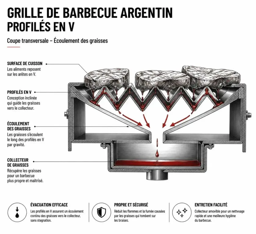 Schéma technique d'une grille de barbecue argentin à profilés en V pour une cuisson saine