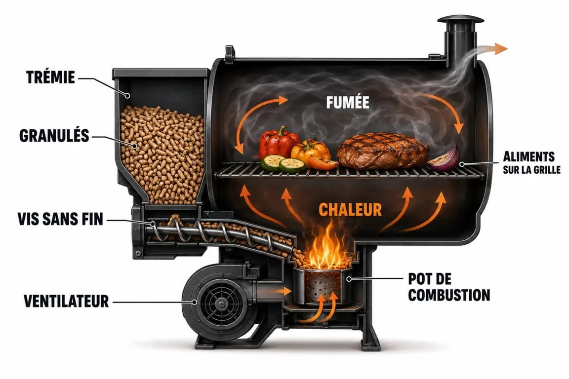 Schéma du fonctionnement d’un barbecue pellet avec trémie, vis sans fin et circulation de la chaleur