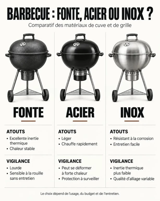 Comparatif barbecue fonte, acier et inox selon la chaleur, le poids et la résistance à la corrosion