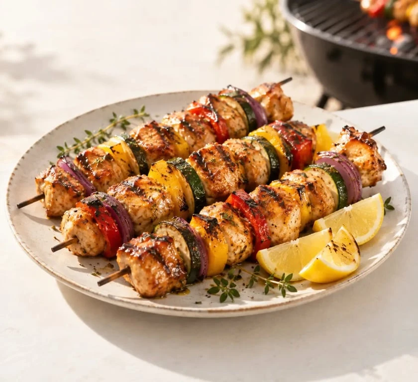Idée barbecue avec brochettes de poulet citron miel et légumes grillés