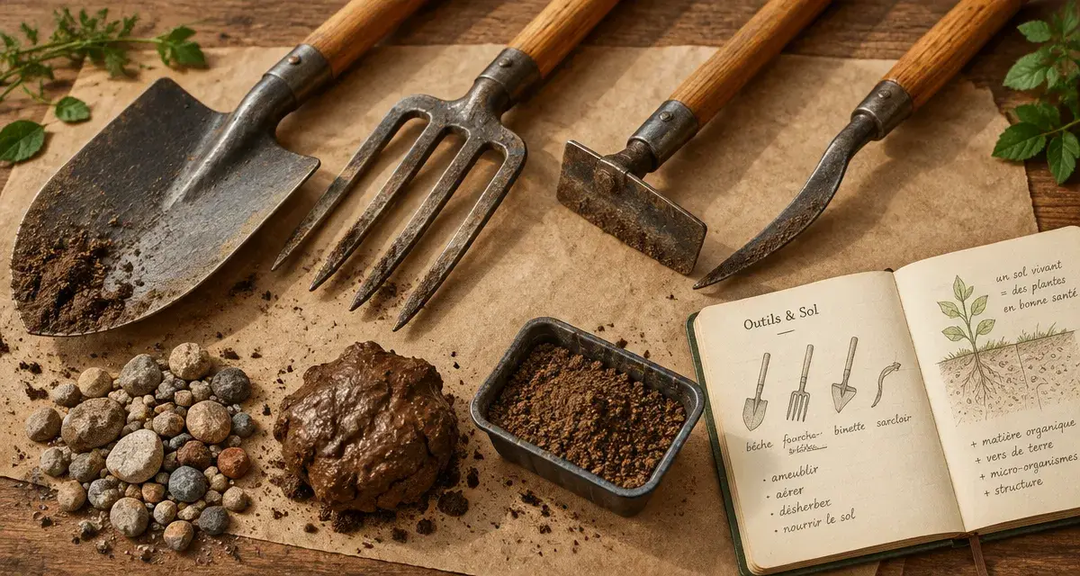 Outil jardinage : bêche, fourche-bêche et sarcloir sur table