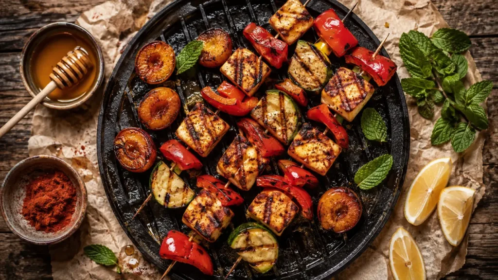 Barbecue sans viande : légumes entiers, halloumi et fruits grillés