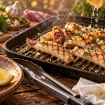 Seiche à la plancha dorée, cuisson courte, citron et persil