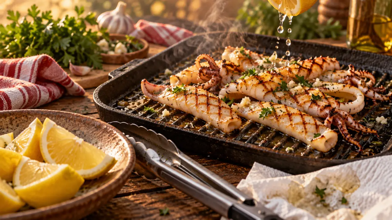 Seiche à la plancha dorée, cuisson courte, citron et persil