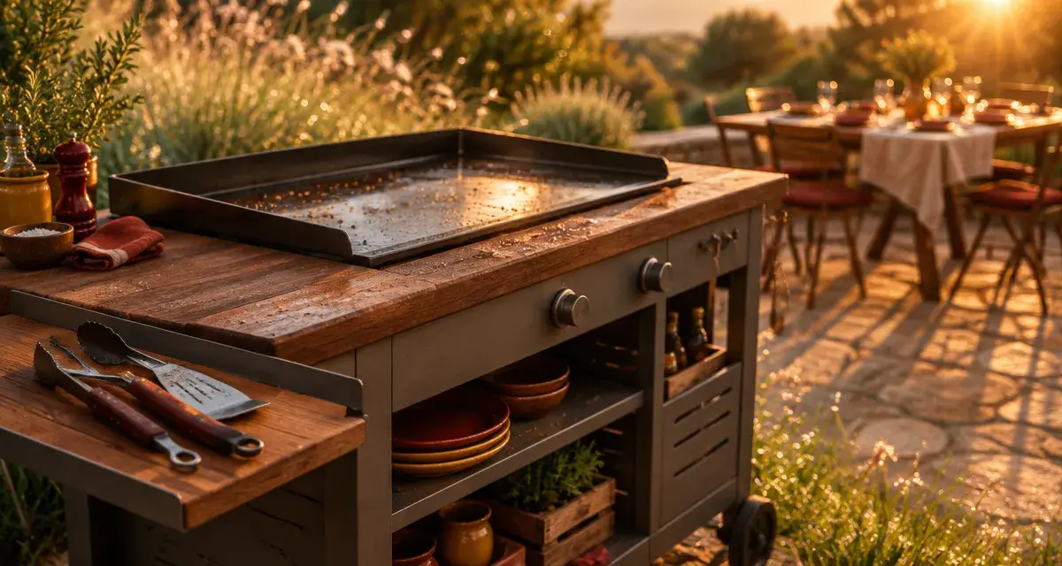 Desserte plancha mobile et organisée, prête pour la cuisson