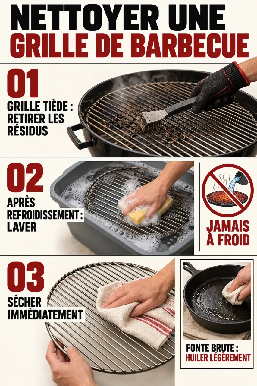 Nettoyer une grille de barbecue en trois étapes : gratter, laver et sécher