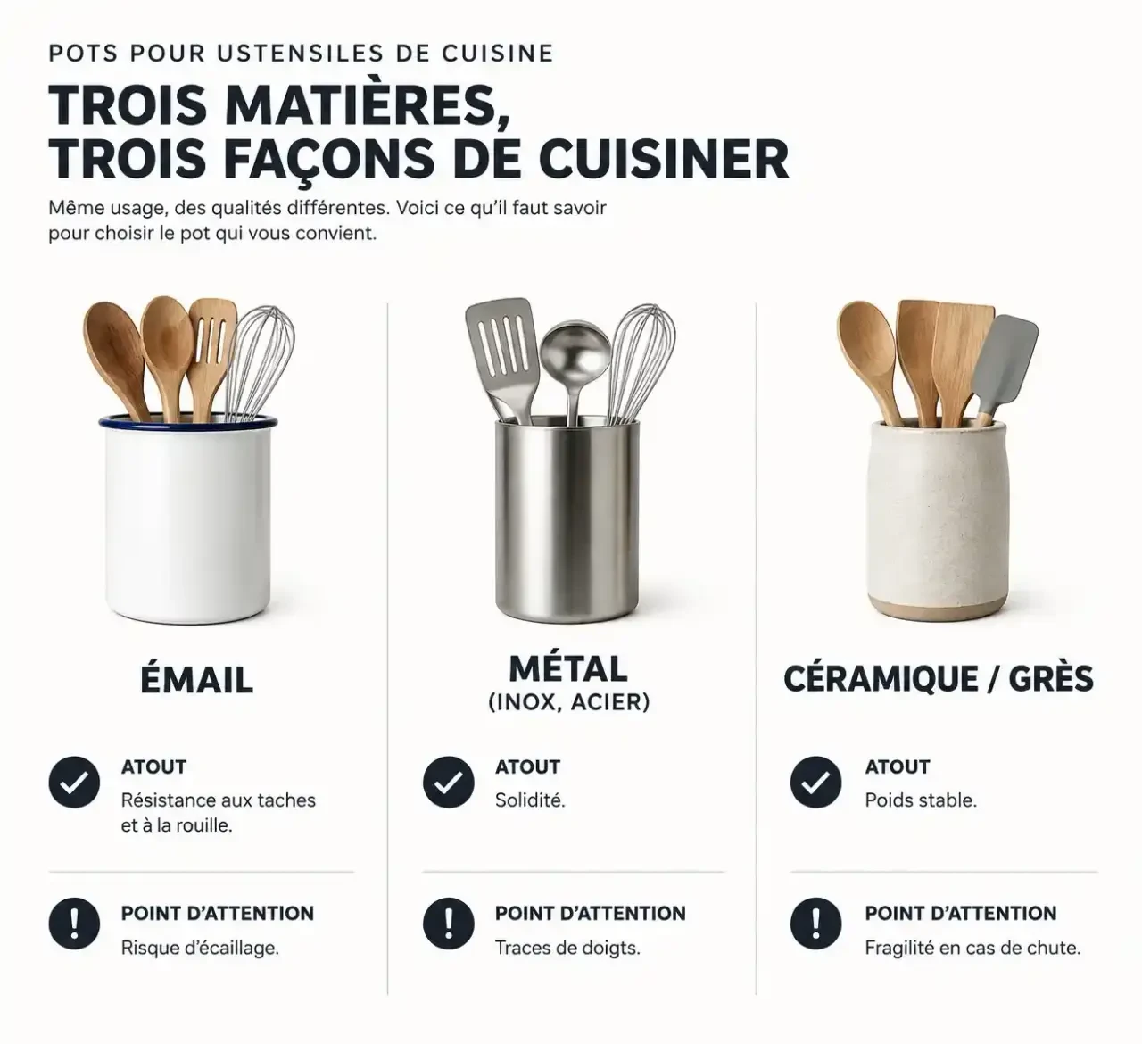Comparaison des matières pour pots pour ustensiles de cuisine : émail, métal et céramique, avec atouts et points d'attention