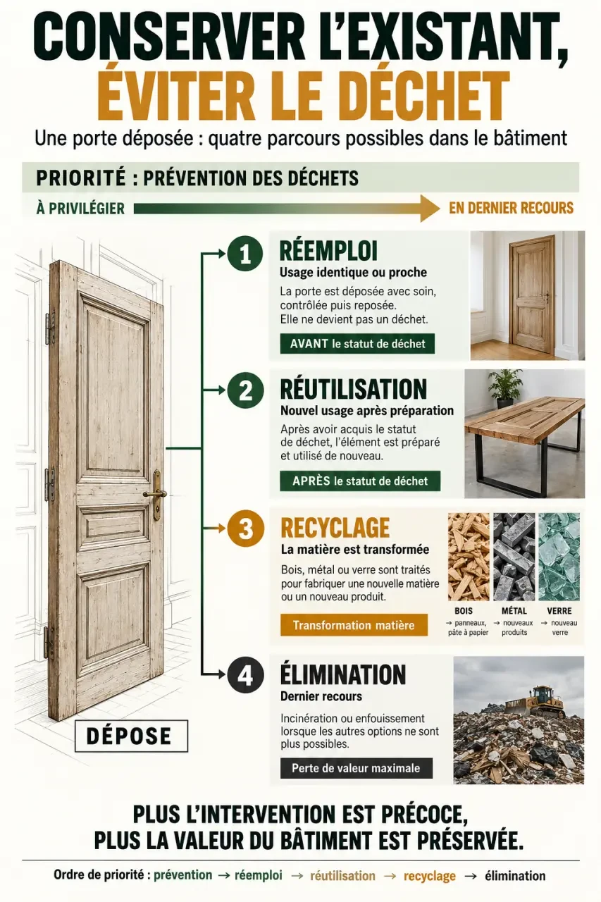 Réemploi matériaux construction territoires-engages.org : infographie sur la différence entre réemploi, réutilisation, recyclage et élimination