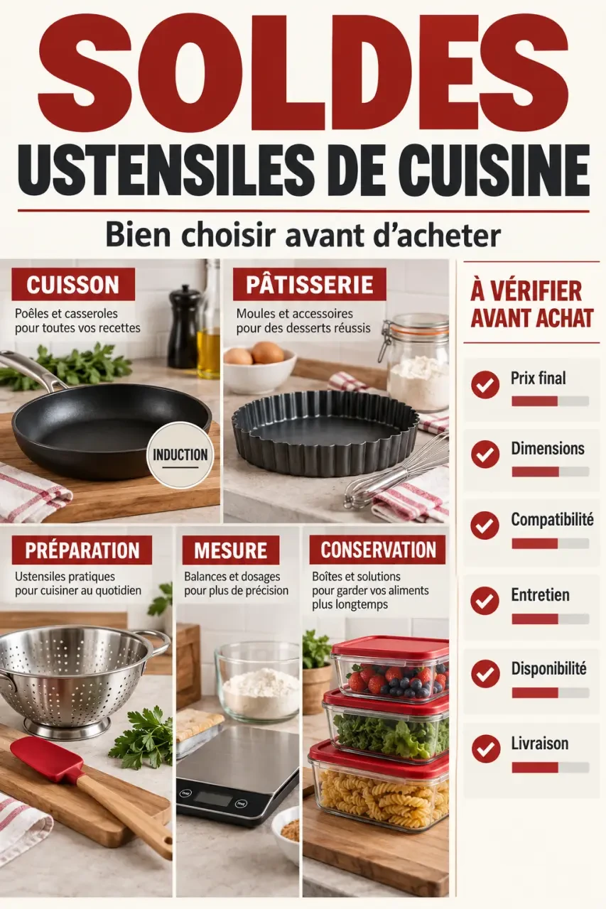 Soldes ustensiles de cuisine : critères pour comparer cuisson, pâtisserie, préparation et rangement