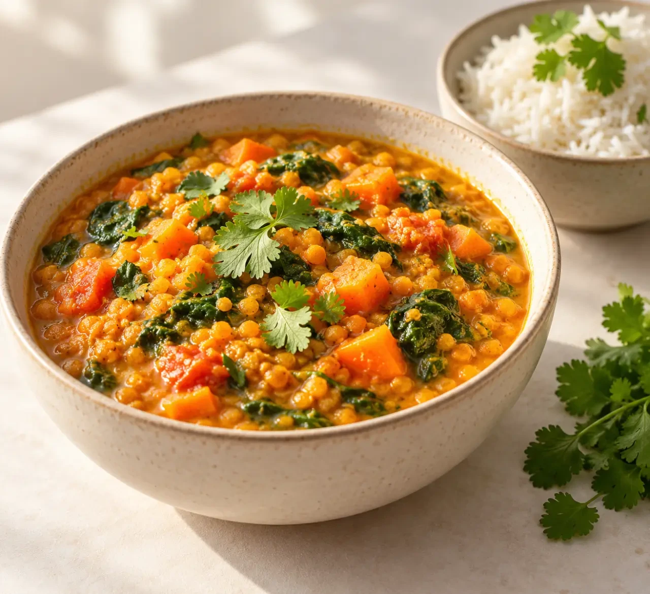 Blog recettes cuisine : dhal de lentilles corail et légumes servi avec du riz