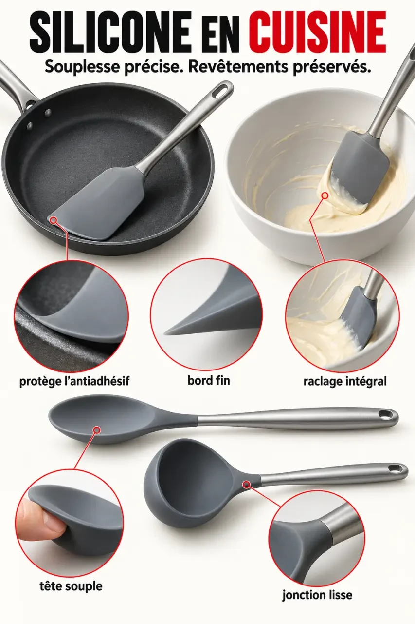 Ustensiles de cuisine en silicone utilisés pour mélanger, racler et cuisiner sans rayer un revêtement antiadhésif