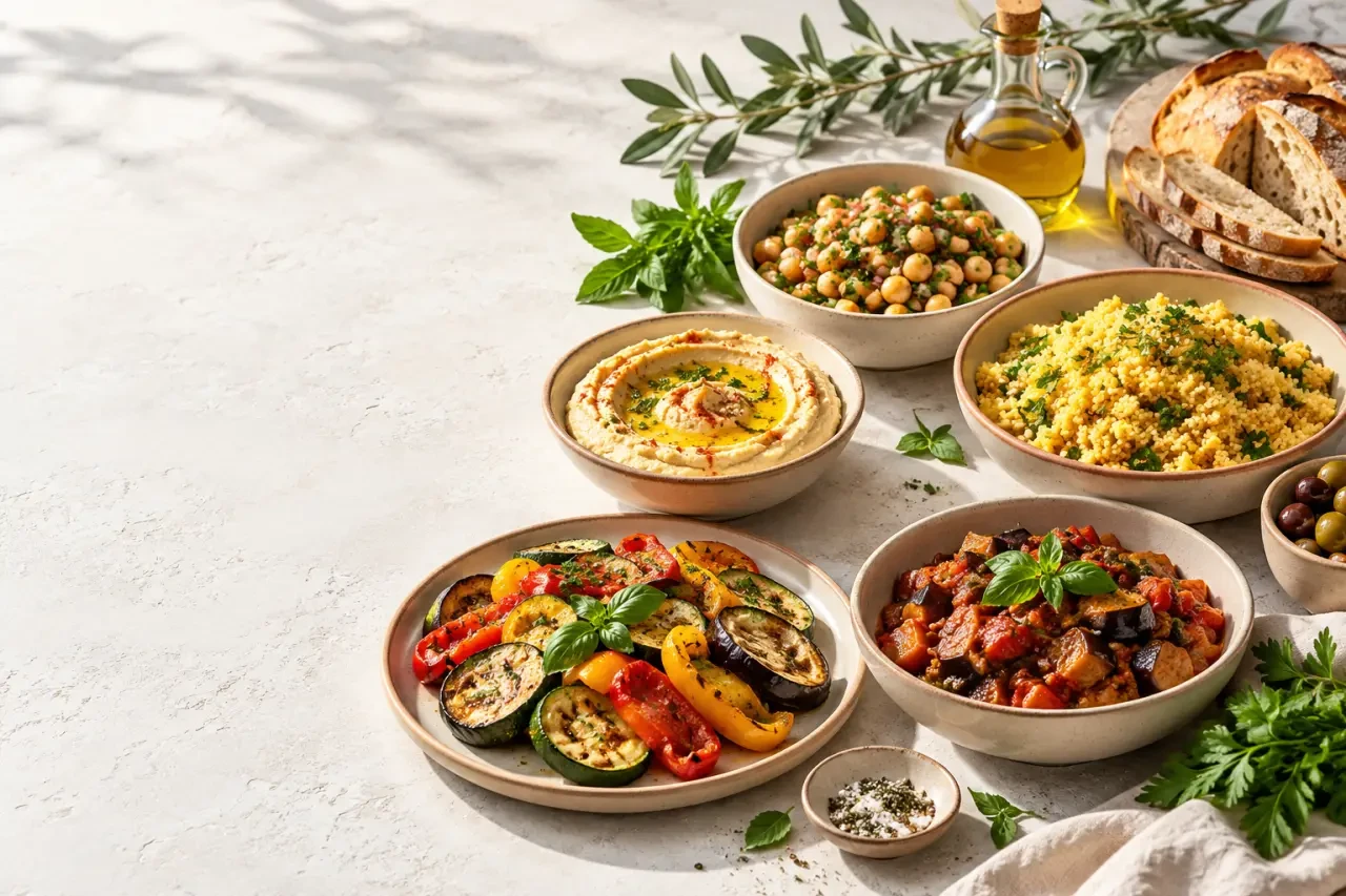 Cuisine méditerranéenne avec spécialités régionales, légumes, légumineuses, pain et huile d’olive