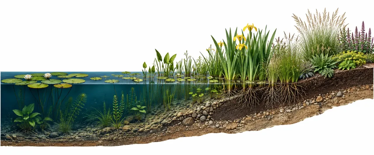 Idée aménagement bassin extérieur avec répartition des plantes entre pleine eau, berge humide et sol sec
