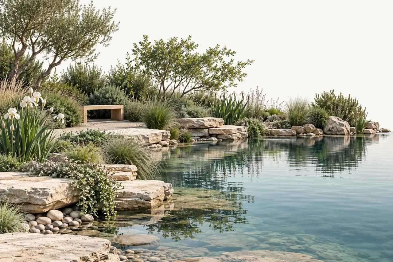 Idée aménagement bassin extérieur avec berge plantée, galets et banc de jardin