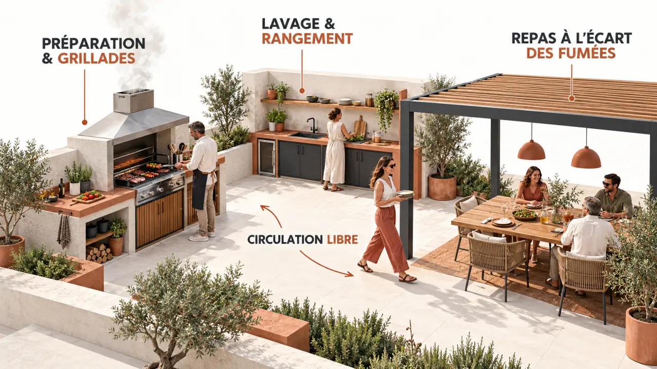 Aménager une cuisine d’été conviviale avec barbecue, zones de préparation et espace repas au jardin