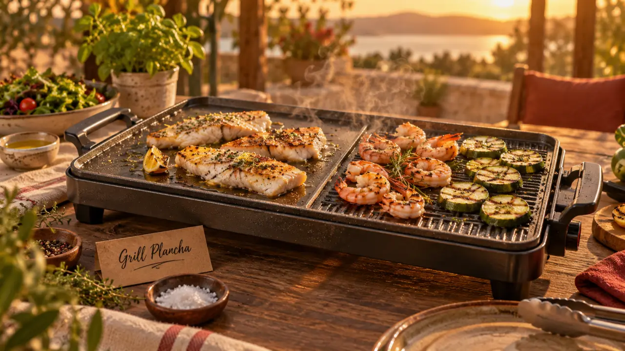 Grill plancha électrique : poissons, crevettes et courgettes