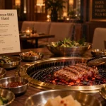 jjin korean barbecue halal, gril coréen et banchans au centre, braise rouge