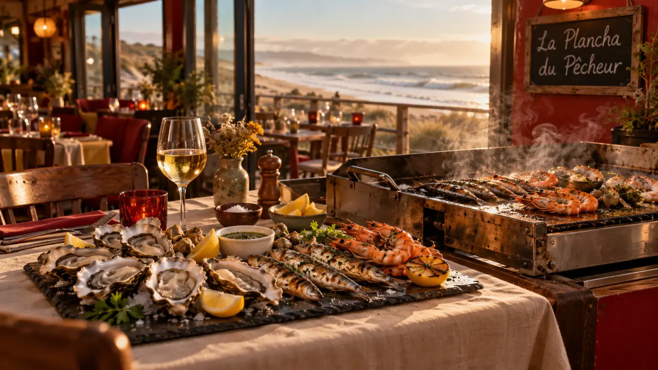 La plancha du pêcheur à Ondres, bord de plage, fruits de mer sur plancha fumante