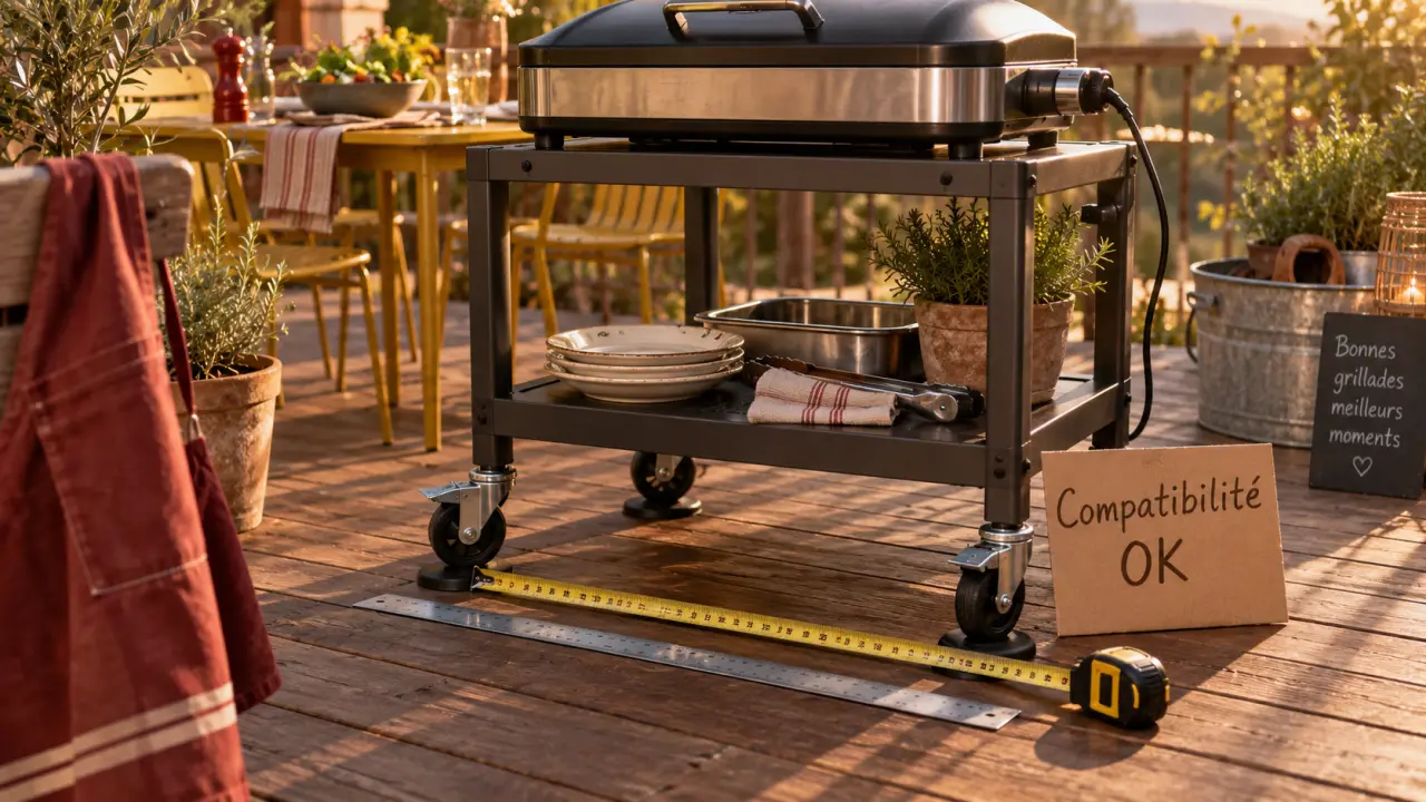Pied barbecue electrique sur chariot mobile, compatibilité OK