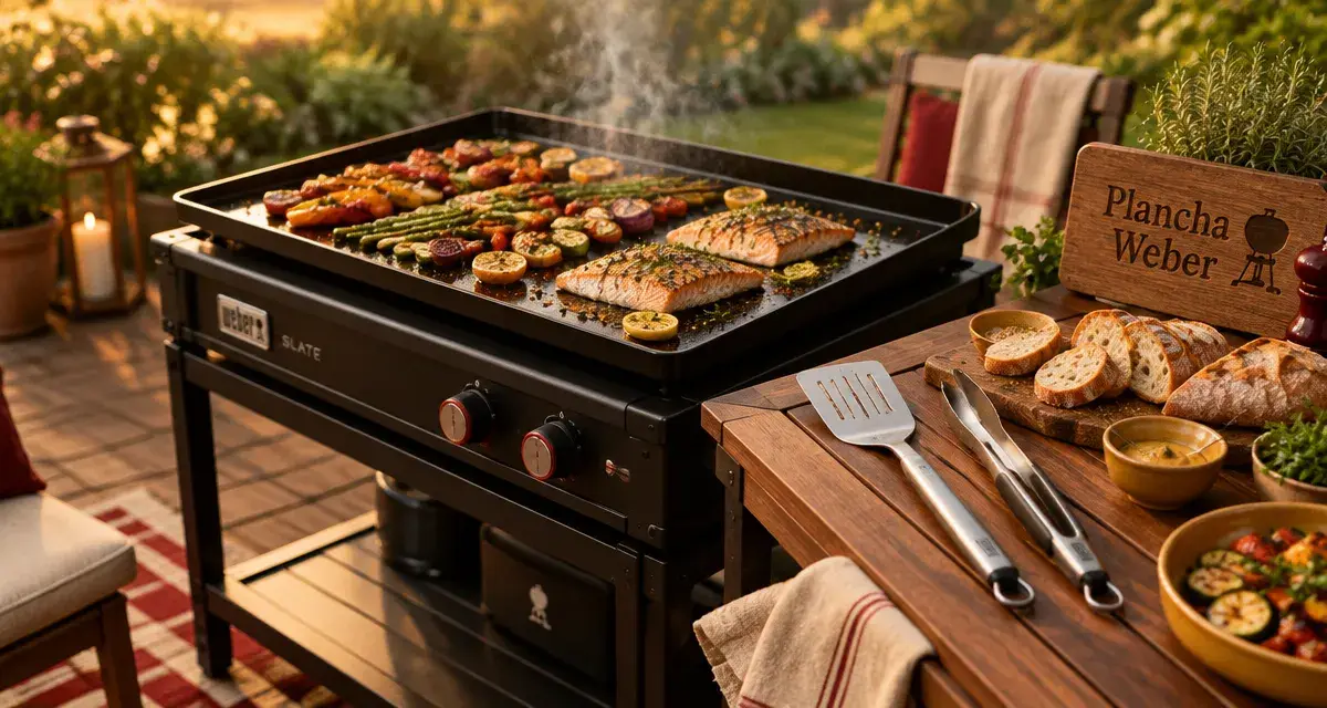 Plancha Weber à gaz sur terrasse, format adapté pour usage cuisine