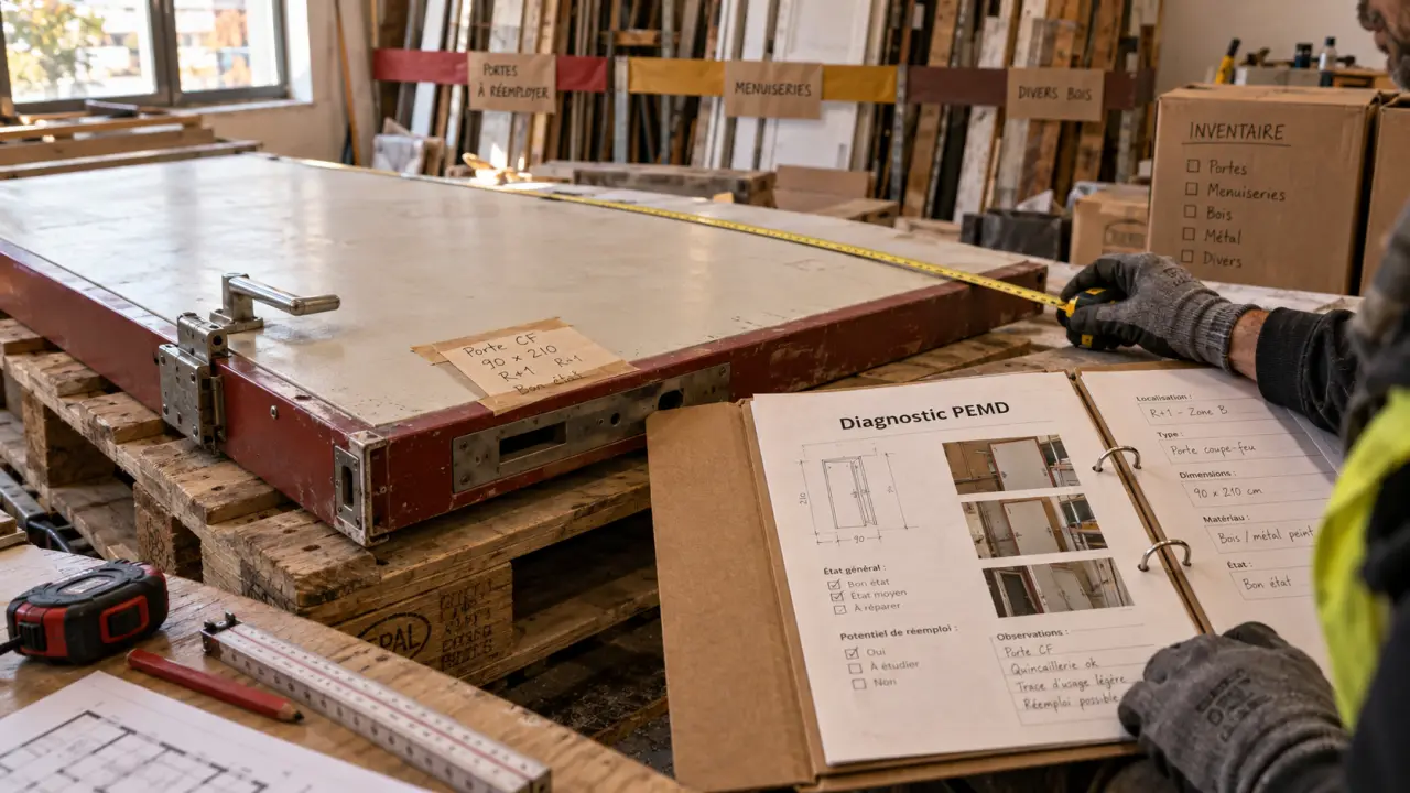 Réemploi de matériaux de construction sur le chantier : porte coupe-feu démontée, étiquetée et inventoriée